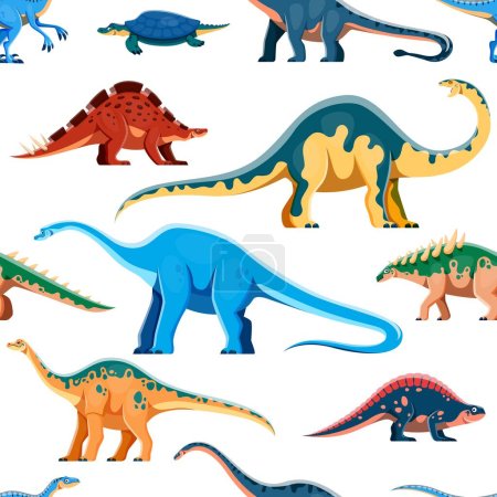 Illustration for Funny dinosaurs cartoon characters seamless pattern. Jurassic era lizard textile vector print with Henodus, Shunosaurus, Wuerhosaurus and Melanorosaurus, Haplocanthosaurus, Polacanthus personages - Royalty Free Image