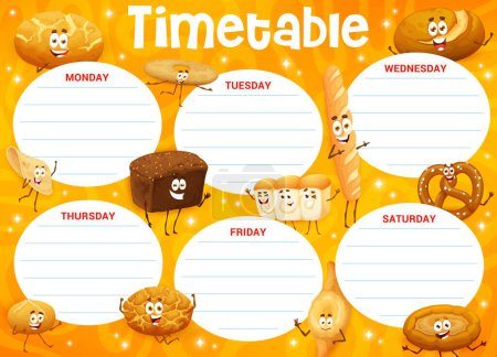 Illustration for Timetable schedule. Cartoon bakery, pastry and bread characters. School lesson weekly schedule, kid education planner with flatbread, cunape, shoti puri and baguette, tiger, loaf bread funny personage - Royalty Free Image