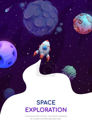 Illustration for Space exploration. Galaxy landscape and rocket spaceship. Galaxy exploration, outerspace flight or astronomy science discovery vector backdrop with cartoon rocketship in space, alien galaxy planets - Royalty Free Image