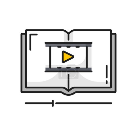Illustration for Training video production icon. Educational movie, video tutorial or seminar production outline vector icon. Filmmaking studio line pictogram or symbol with opened book, film strip, play button - Royalty Free Image