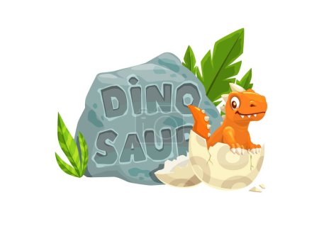 Illustration for Cartoon funny dinosaur character and dino egg. Isolated vector orange toothy baby dino sitting in broken egg shell and text on stone plate. Lovely newborn child dragon, jurassic era cute monster - Royalty Free Image