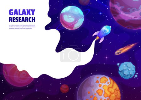 Illustration for Landing page space. Cartoon rocket spaceship and planets in galaxy. Vector background with spacecraft travel in Universe. Shuttle flying in alien world explore cosmos with stars and white smoke frame - Royalty Free Image