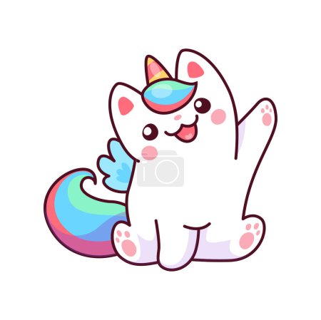 Illustration for Caticorn character, Isolated vector unicorn cat fantasy fairy tale animal personage waving paw. Kawaii magic kitty with colorful tail, wings and horn welcome or greeting gesture. Funny magical kitten - Royalty Free Image