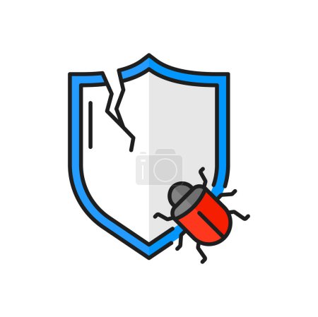 Illustration for Broken shield and computer bug color line icon for mobile concept and web design. Virus and cyber attack alert, stealing personal information - Royalty Free Image