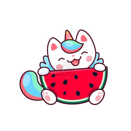 Téléchargez les illustrations : Cartoon cute kawaii caticorn character with watermelon. Vector winged unicorn cat enjoying fresh fruit slice. Funny kitten magic character with dessert. Fantasy white baby kitty with colorful tail - en licence libre de droit