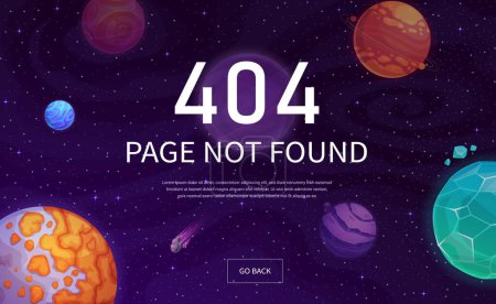 Illustration for Page 404 starry galaxy space. Vector notification, problem message for website error, lost internet connection, webpage failure with starry Universe, planets, stars and comet in dark purple sky - Royalty Free Image