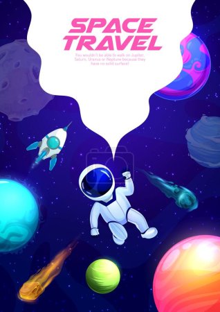 Téléchargez les illustrations : Space landing page with cartoon astronaut in outer starry galaxy landscape. Vector funny cosmonaut float in weightlessness with alien planets, rocket spaceship, asteroids and stars, interstellar trip - en licence libre de droit