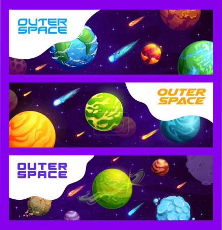 Téléchargez les illustrations : Outer space landscape, cartoon planets, stars, comets and asteroids. Cartoon vector banners with cosmic starry galaxy and meteorites in Universe. Astronomy education, cosmos exploration backgrounds - en licence libre de droit
