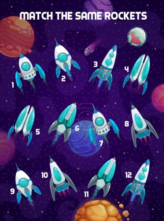 Téléchargez les illustrations : Kids game, match the same cartoon space rockets. Vector worksheet puzzle find similar spaceship, spacecraft, missile booster or cosmic engine in galaxy. Educational children riddle, leisure activity - en licence libre de droit
