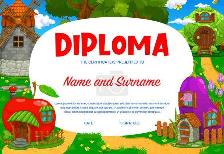 Illustration for Kids diploma cartoon fairytale house buildings. Vector educational or graduation award frame template for school or kindergarten student. Honor certificate with eggplant, apple, cabbage and windmill - Royalty Free Image