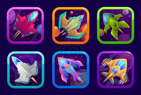 Illustration for Cartoon space game app spaceship and starcraft icons. Vector starships ui or gui menu elements for application interface. Futuristic fantasy cosmic engines inside of square frames, galaxy buttons set - Royalty Free Image