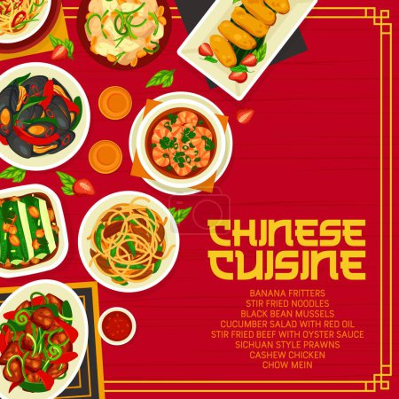 Ilustración de Chinese cuisine menu cover, Asian food dishes and meals, vector. Chinese cuisine food stir fried noodles, black bean mussels and banana fritters, cucumber salad with red oil and cashew chicken - Imagen libre de derechos