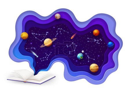 Ilustración de Space paper cut with opened book, planets and galaxy constellations. Vector open textbook with starry sky, solar system planets and zodiac inside of papercut 3d frame. Astrology, astronomy science - Imagen libre de derechos