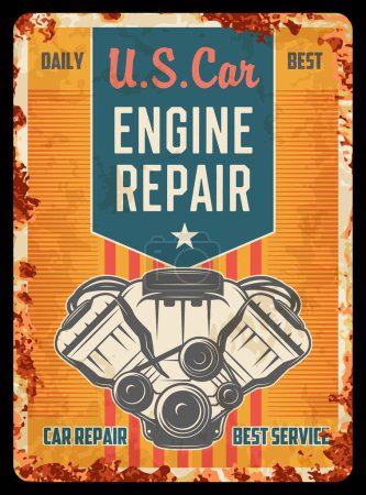 Illustration for Vintage car engine repair service rusty plate. Vehicle spare parts store, car restoration center or maintenance service workshop vector plate. Automobile motor mechanic grunge poster with engine block - Royalty Free Image