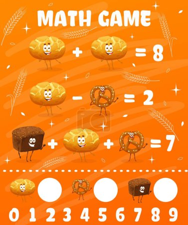 Téléchargez les illustrations : Cartoon bread and bakery characters. Math game worksheet. Kids education riddle, mathematics puzzle vector worksheet with addition and subtraction task and corn broa, pretzel, rye bread personages - en licence libre de droit