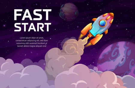 Téléchargez les illustrations : Rocket launch, business fast start concept. Vector spaceship takeoff on earth orbit with smoke clouds. Cartoon shuttle with trail starting from planet to dark starry sky. Project success booster - en licence libre de droit