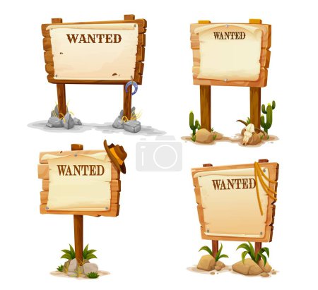 Illustration for Western wood signs, cartoon wanted wooden boards in wild West desert, vector poster. Cowboy billboard or old western wanted wood signboard with paper frame, longhorn skull, horseshoe and cowboy hat - Royalty Free Image