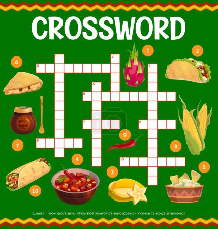Illustration for Mexican cuisine food crossword grid worksheet, find a word quiz. Vector brainteaser game with dragonfruit, tacos, carambola, chili con carne, and guacamole. Quesadilla, mate, corn, chili and burrito - Royalty Free Image
