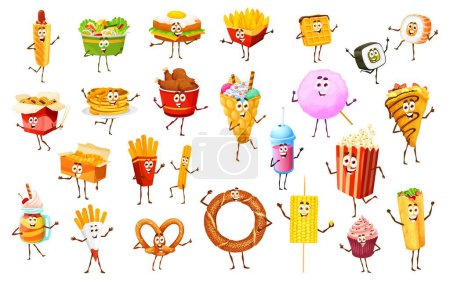 Illustration for Fast food funny characters. French fries, chicken legs, popcorn and hot dog, waffles, sushi and burrito, sandwich, chips, corn and pancakes, soda fast food meal, drink and desserts cheerful personages - Royalty Free Image