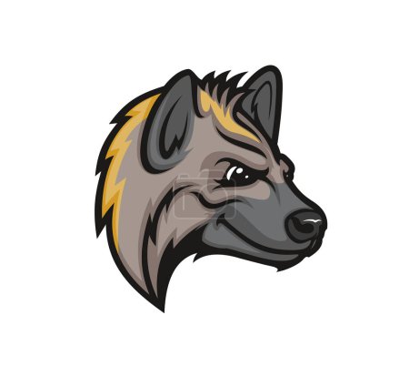 Téléchargez les illustrations : Hyena head isolated vector mascot with sly expression. Witty and courageous wild animal with cheekily smiling angry face. Isolated emblem for sport team, event and hunting club. Carnivore mammal beast - en licence libre de droit