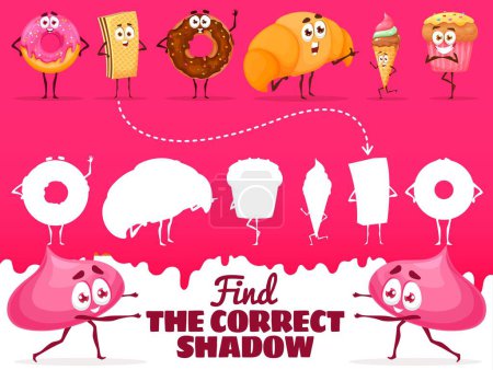 Téléchargez les illustrations : Find the correct shadow of cartoon bakery, sweets and dessert characters. Kids vector matching game worksheet with funny donut, wafer, croissant, ice cream and muffin silhouettes. Children quiz riddle - en licence libre de droit