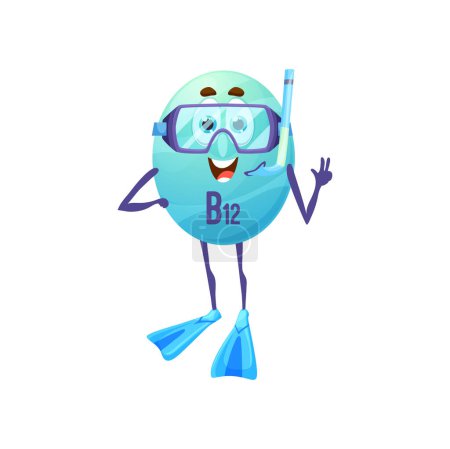 Illustration for Cartoon vitamin B12 with fins and diving mask. Isolated vector cobalamin capsule character smile and gesticulating. Cheerful blue food supplement personage with equipment for diving to water depth - Royalty Free Image