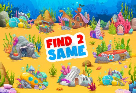 Illustration for Find two same cartoon underwater building on bottom. Vector educational children riddle, worksheet for leisure activity with treasure chest, sunken boat, coral, conch and ship. Submarine, ruins, rock - Royalty Free Image