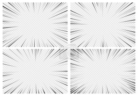Illustration for Manga transparent background, comic explosion or motion speed lines, vector anime effect. Cartoon manga explosion of movement action for comic book, burst flash of radial rays frame for superhero bang - Royalty Free Image