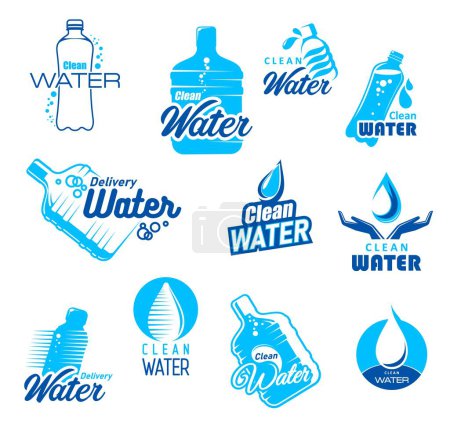 Ilustración de Clean water delivery icons. Bottled drinking water production and distribution company vector symbols, mineral water delivery service blue icons with drops, bubbles and gallon bottles, jugs - Imagen libre de derechos