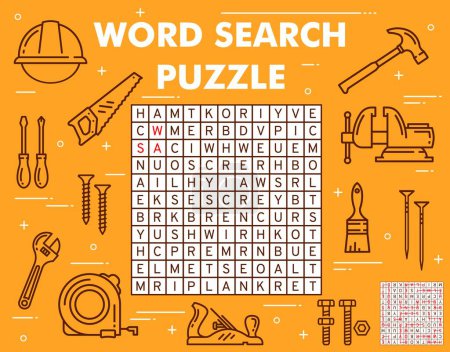 Illustration for Construction, DIY and repair tools on word search puzzle game worksheet. Child quiz grid, logical riddle or puzzle with words finding activity. Kids educational game with builder, carpenter tools - Royalty Free Image