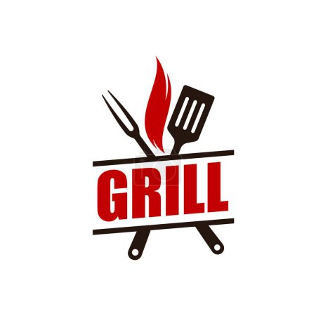 Téléchargez les illustrations : Grill bar icon. Barbeque and grilling tools or equipment shop vector symbol, minimal emblem or sign with fork, spatula and red fire flames. BBQ restaurant or grill cafe icon - en licence libre de droit