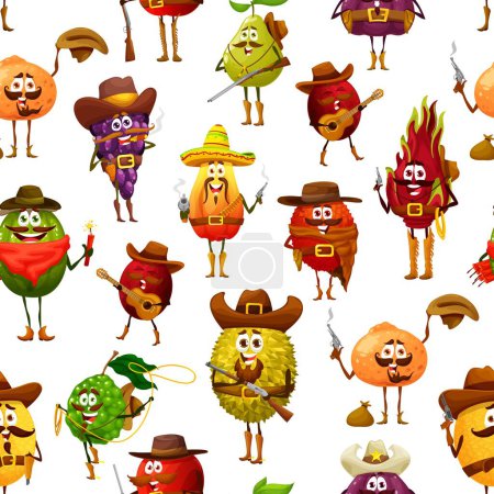 Téléchargez les illustrations : Cartoon cowboy robber, sheriff or ranger fruits seamless pattern, vector background. Funny fruits characters pattern of papaya in Western ranger hat with revolver guns and cowboy grape with lasso - en licence libre de droit