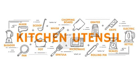 Téléchargez les illustrations : Cook utensil icons and infographics. Cooking accessory and equipment outline vector banner with blender, rolling pin, chopping board, microwave and pan, electric kettle, scales, mixer line pictograms - en licence libre de droit