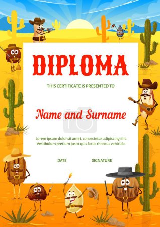 Illustration for Kids diploma cartoon wild west nut cowboy, bandit and ranger characters. Education vector school certificate with peanut, macadamia, hazelnut and pecan, walnut, brazil, pumpkin and sunflower seeds - Royalty Free Image