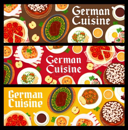 Téléchargez les illustrations : German cuisine restaurant food banners. Pork vegetable stew, pork schnitzel and Baumkuchen cake, pork beef stew, plum cake Zwetschgenkuchen and Hamburg steak, sauce, corned beef Labskaus - en licence libre de droit