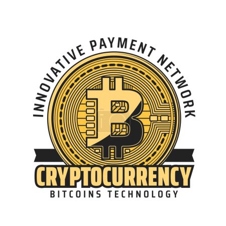 Téléchargez les illustrations : Cryptocurrency bitcoin icon, digital money market and crypto currency mining, vector. Bitcoin innovative payment network, blockchain and trader exchange platform for e-commerce - en licence libre de droit