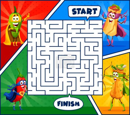 Illustration for Superhero cartoon mexican tex mex food characters in labyrinth maze. Kids vector worksheet with super hero jalapeno pepper, burrito and enchilada personages find correct path children riddle, test - Royalty Free Image