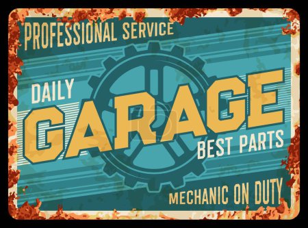 Illustration for Vintage car repair service rusty plate, garage station. Automobile motor fix shop, car maintenance workshop or spare parts center, garage station vector grunge plate, rusty tin sign with cog wheel - Royalty Free Image