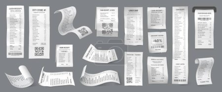 Illustration for Cash receipts. Supermarket or shop purchase payment bill, banking invoice or money transaction finance 3d realistic vector document. Store order or hotel checkout, ATM and POS terminal check print - Royalty Free Image