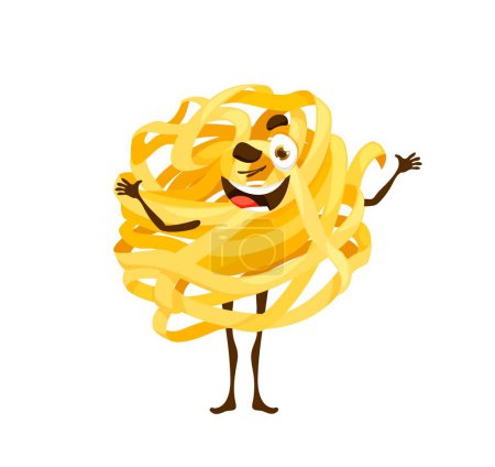 Illustration for Cartoon tagliatelle pasta character. Amusing vector macaroni personage wink eye with happy smile. Tasty lively Italian food kawaii emoji, charming and lovely dinner emoticon, comical noodle Italy dish - Royalty Free Image