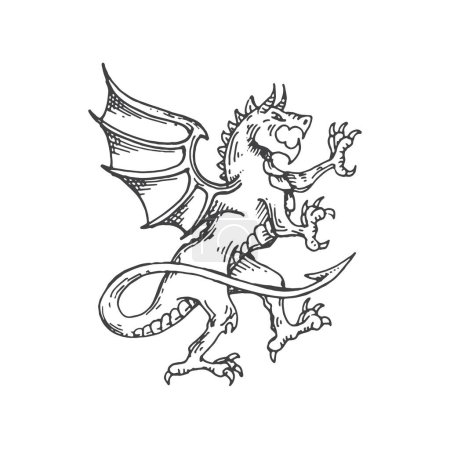 Illustration for Dragon medieval heraldic animal monster sketch. Hell monster or fantasy dragon, legend creature or heraldry sketch vector symbol or sign. Magic animal, etching emblem or royal coat of arms beast - Royalty Free Image