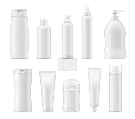 Téléchargez les illustrations : Cosmetics package mockup, realistic 3d vector cream tube and spray, liquid soap dispenser and dropper, lotion bottle. Isolated pump container, toothpaste or antiperspirant beauty cosmetic products set - en licence libre de droit