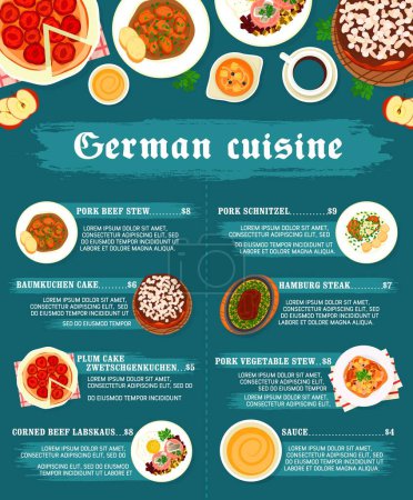 Illustration for German cuisine restaurant food menu. Pork beef stew, corned beef Labskaus and pork schnitzel, plum cake Zwetschgenkuchen, pork vegetable stew and Baumkuchen cake, sauce, Hamburg steak - Royalty Free Image