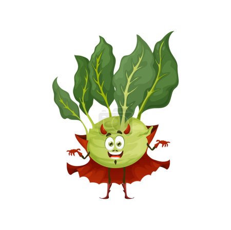 Illustration for Cartoon kohlrabi Halloween devil character. Isolated vector comical healthy veggies personage with horns in spooky holiday costume of Satan. Humorous Beelzebub in cape relishing in festive celebration - Royalty Free Image