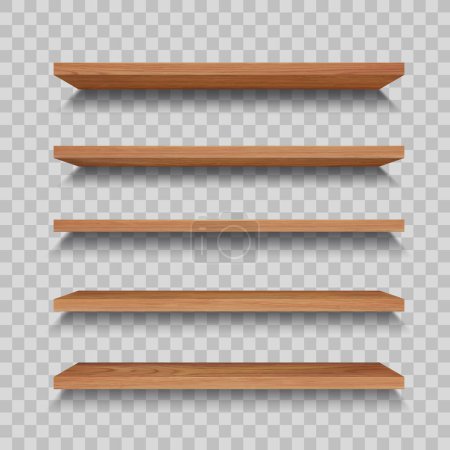 Téléchargez les illustrations : Wooden store shelf or empty wall bookshelf. Realistic vector planks isolated 3d mockup. Wood stand in library or home, grocery rack, brown timber boards for storage or gallery exhibition - en licence libre de droit