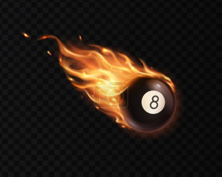 Illustration for Flying billiards eight ball with fire flame trails. Vector realistic 3d pool or snooker ball with number 8 in flame with sparks. Burning sphere flying with blazing trail, fireball comet or asteroid - Royalty Free Image