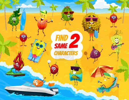 Illustration for Find two same cartoon fruits characters on summer beach. Vector kid game worksheet with bergamot, papaya, lychee and carambola or dragon fruit. Durian, grapes. melon and fig with pear, plum and feijoa - Royalty Free Image