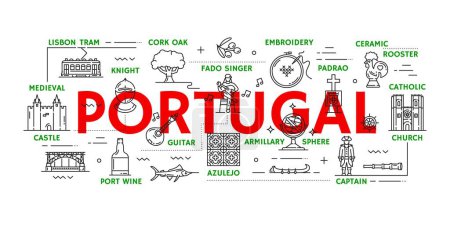 Illustration for Portugal travel icons of Lisbon landmarks and Portuguese tourism vector symbols. Portugal travel and sightseeing icons of tram, castles and Lisbon rooster symbol, culture, tradition and azulejo art - Royalty Free Image
