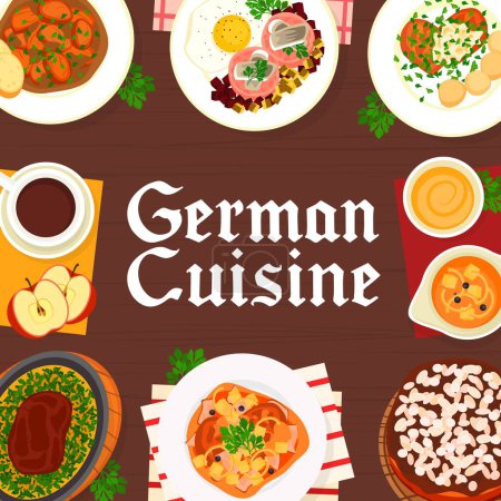 Illustration for German cuisine menu cover design template. Hamburg steak, pork vegetable stew and sauce, pork schnitzel, plum cake Zwetschgenkuchen and Baumkuchen cake, corned beef Labskaus, pork beef stew - Royalty Free Image
