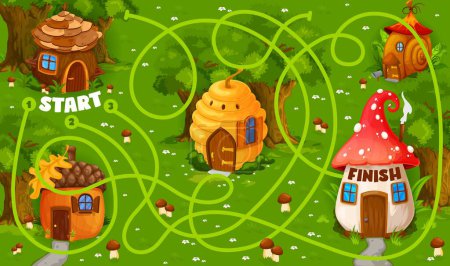 Labyrinth maze with fairytale cartoon houses. Child quiz or kindergarten children puzzle vector sheet, kids game with search way task. Child educational riddle with tree hut, forest fantasy dwelling